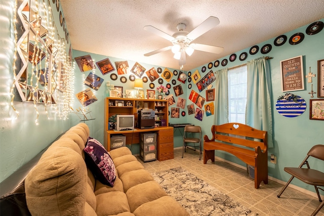 1361 Shady Ln, Canton, TX 75103 - home office featuring a textured ceiling, ceiling fan, and baseboards