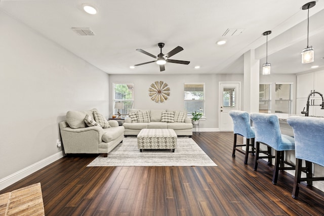 2701 Peach Dr, Little Elm, TX 75068 - living area featuring baseboards, a ceiling fan, dark wood finished floors, and recessed lighting