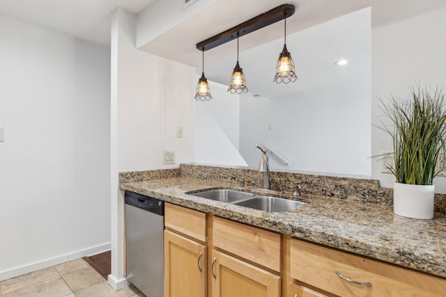 4777 Cedar Springs Rd Unit 6N, Dallas, TX 75219 - kitchen with dishwasher, a sink, light stone countertops, light brown cabinetry, and pendant lighting