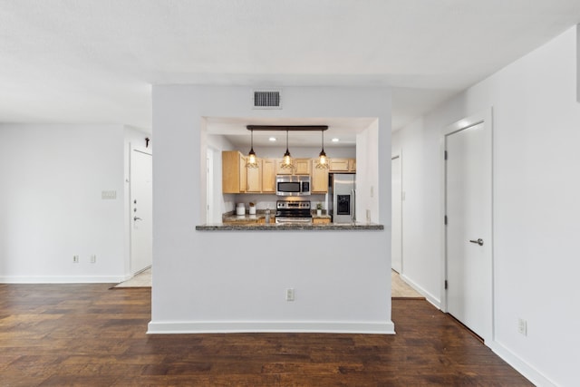 4777 Cedar Springs Rd Unit 6N, Dallas, TX 75219 - kitchen with appliances with stainless steel finishes, dark wood-type flooring, baseboards, pendant lighting, and recessed lighting