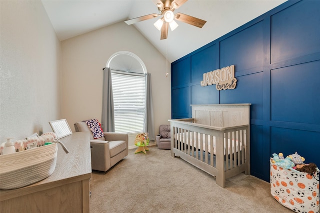 15393 Armstrong Rd, Terrell, TX 75160 - bedroom featuring a nursery area, carpet flooring, lofted ceiling, and ceiling fan