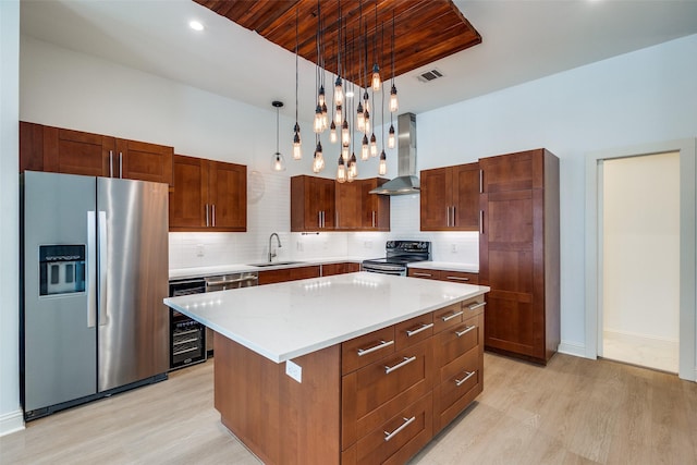 1811 S Ervay St, Dallas, TX 75215 - kitchen with stainless steel fridge, wall chimney range hood, black range with electric cooktop, beverage cooler, and a sink