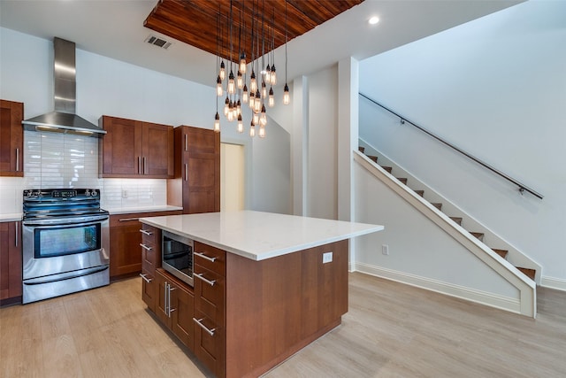 1811 S Ervay St, Dallas, TX 75215 - kitchen with stainless steel appliances, wall chimney exhaust hood, light wood finished floors, tasteful backsplash, and pendant lighting