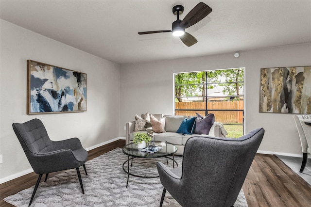 527 Cumberland Dr, Allen, TX 75002 - living room with baseboards, ceiling fan, and wood finished floors
