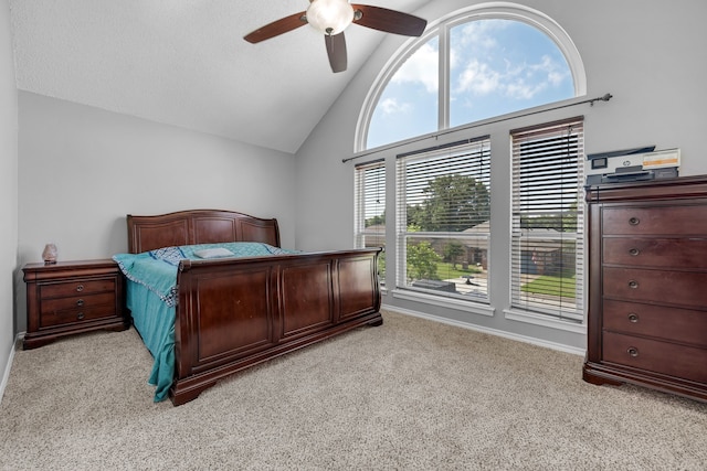7413 Dana Ln, North Richland Hills, TX 76182 - bedroom featuring light colored carpet, high vaulted ceiling, a ceiling fan, and baseboards