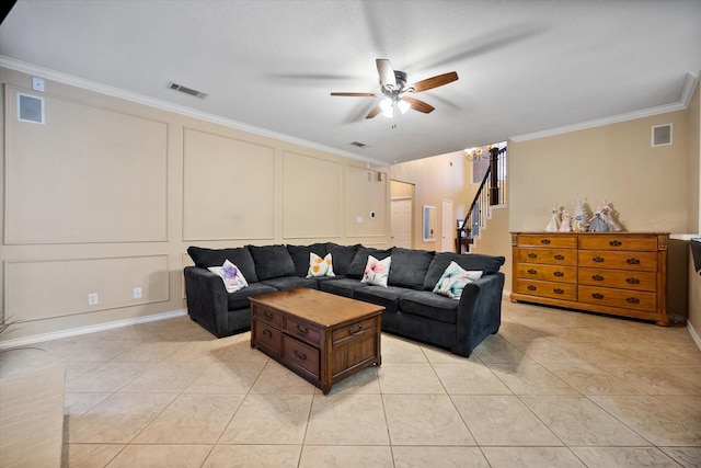 4207 Timber Trail Ct, Arlington, TX 76016 - living room featuring crown molding, ceiling fan, stairs, light tile patterned floors, and a decorative wall