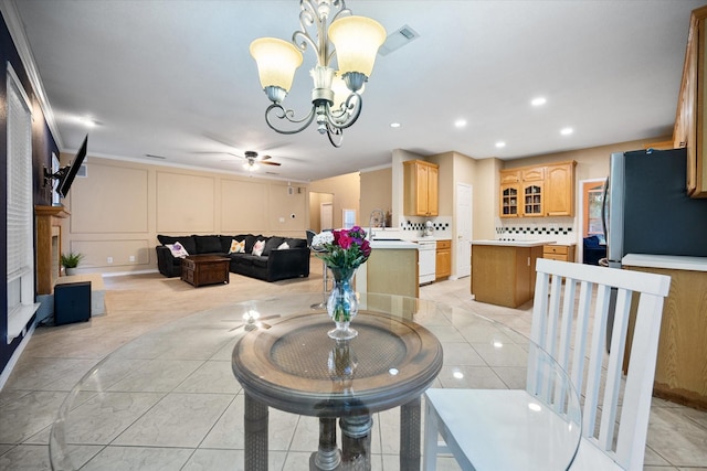 4207 Timber Trail Ct, Arlington, TX 76016 - dining space featuring a ceiling fan, a chandelier, recessed lighting, and a fireplace
