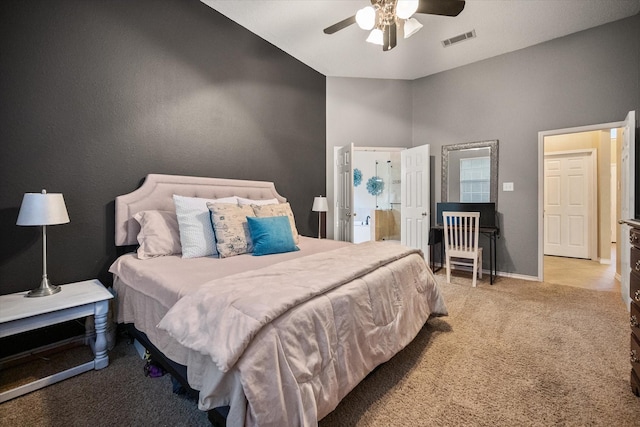 4207 Timber Trail Ct, Arlington, TX 76016 - bedroom with light colored carpet, ceiling fan, baseboards, and high vaulted ceiling