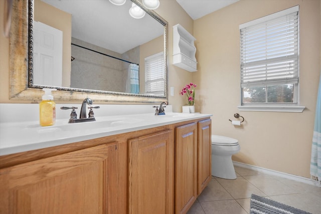 4207 Timber Trail Ct, Arlington, TX 76016 - bathroom with double vanity, toilet, tile patterned floors, curtained shower, and baseboards
