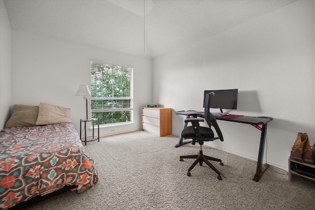 4207 Timber Trail Ct, Arlington, TX 76016 - bedroom featuring carpet flooring, vaulted ceiling, a desk, and baseboards
