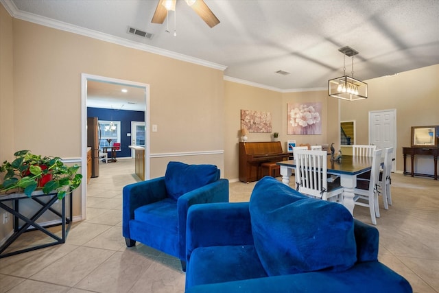 4207 Timber Trail Ct, Arlington, TX 76016 - living area with crown molding, ceiling fan, and light tile patterned floors