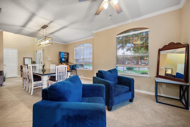 4207 Timber Trail Ct, Arlington, TX 76016 - living room featuring light tile patterned floors, crown molding, baseboards, and ceiling fan
