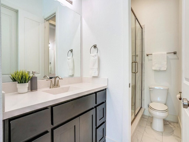 4124 Sandbrock Pkwy, Aubrey, TX 76227 - full bath with toilet, vanity, a shower stall, marble finish flooring, and baseboards