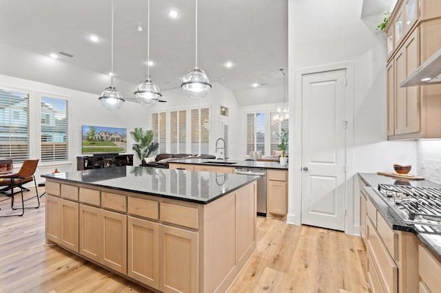 4124 Sandbrock Pkwy, Aubrey, TX 76227 - kitchen with stainless steel appliances, light brown cabinets, a sink, light wood-style flooring, and recessed lighting