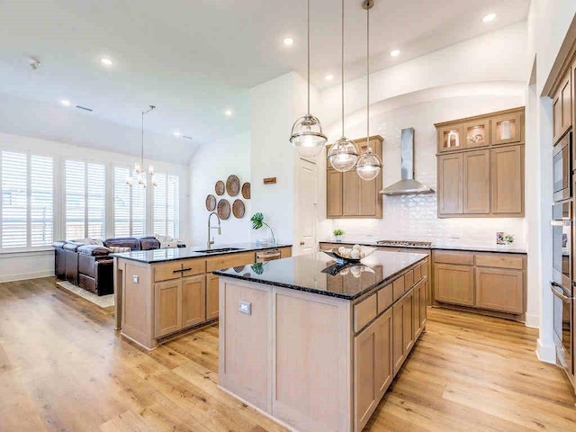 4124 Sandbrock Pkwy, Aubrey, TX 76227 - kitchen with wall chimney range hood, a sink, a kitchen island, appliances with stainless steel finishes, and light wood-style flooring