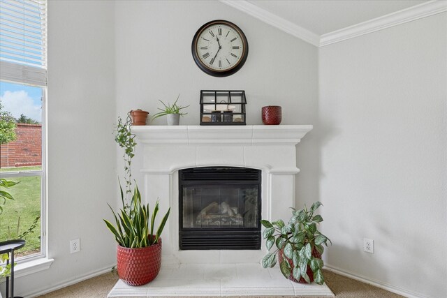 10237 Red Bluff Ln, Fort Worth, TX 76177 - detailed view of carpet flooring, ornamental molding, a tile fireplace, and baseboards