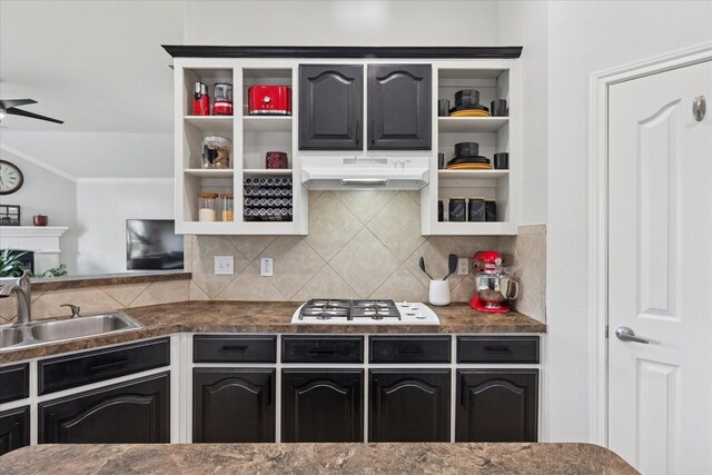 10237 Red Bluff Ln, Fort Worth, TX 76177 - kitchen with open shelves, ventilation hood, white gas stovetop, a sink, and ornamental molding