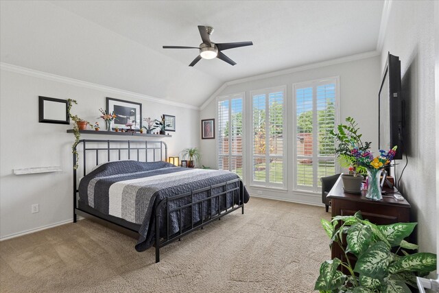 10237 Red Bluff Ln, Fort Worth, TX 76177 - bedroom with crown molding, carpet, lofted ceiling, baseboards, and a ceiling fan