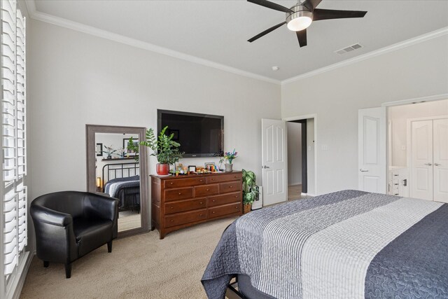 10237 Red Bluff Ln, Fort Worth, TX 76177 - bedroom featuring crown molding, light carpet, a ceiling fan, and multiple windows
