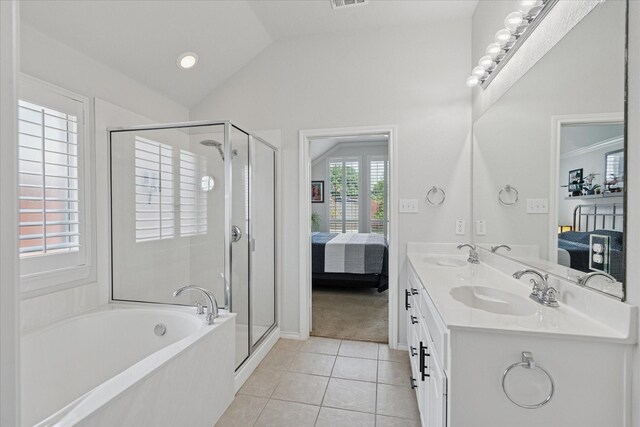 10237 Red Bluff Ln, Fort Worth, TX 76177 - full bathroom with ensuite bath, a garden tub, tile patterned flooring, double vanity, and a shower stall