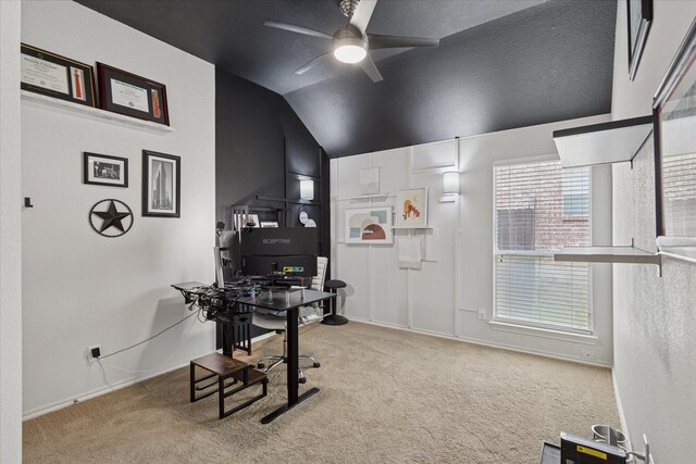10237 Red Bluff Ln, Fort Worth, TX 76177 - carpeted office with ceiling fan, lofted ceiling, and baseboards