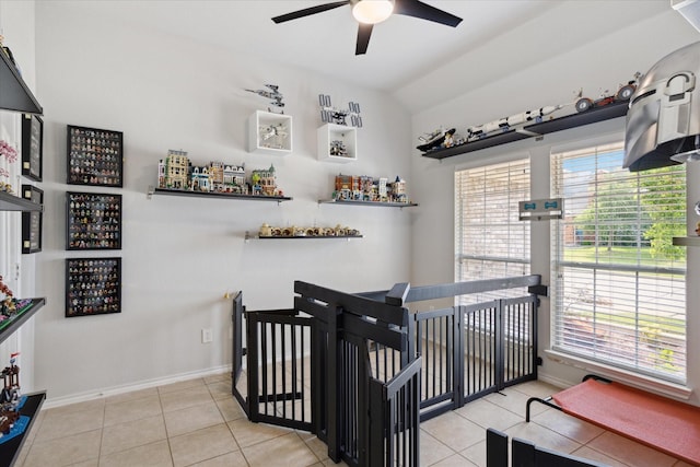 10237 Red Bluff Ln, Fort Worth, TX 76177 - tiled bedroom featuring vaulted ceiling, baseboards, a dry bar, and ceiling fan