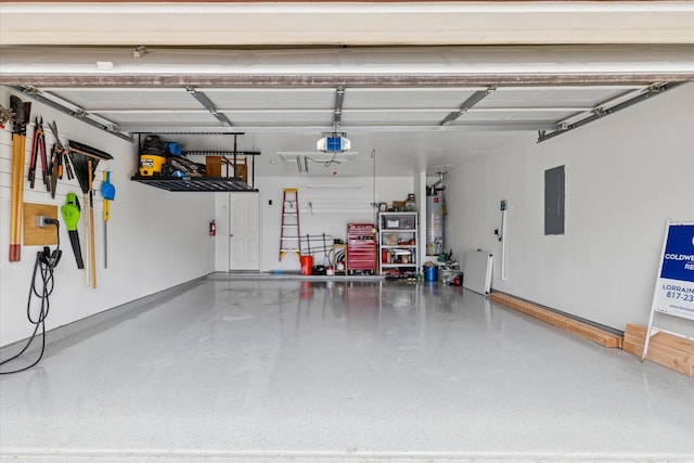 10237 Red Bluff Ln, Fort Worth, TX 76177 - garage featuring electric panel, a garage door opener, and gas water heater