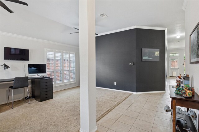 10237 Red Bluff Ln, Fort Worth, TX 76177 - tiled office with a ceiling fan, crown molding, carpet, and baseboards