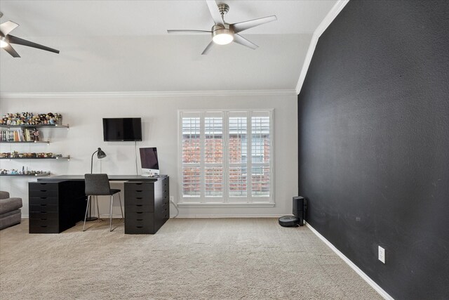 10237 Red Bluff Ln, Fort Worth, TX 76177 - office space featuring ceiling fan, carpet, crown molding, lofted ceiling, and baseboards