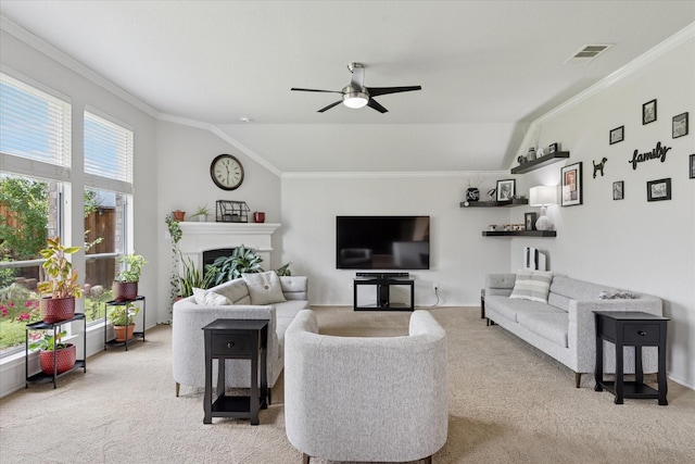 10237 Red Bluff Ln, Fort Worth, TX 76177 - living area with carpet, vaulted ceiling, a ceiling fan, crown molding, and a fireplace
