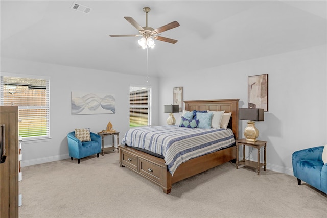 2512 Bunker Hill Dr, Burleson, TX 76028 - bedroom featuring light carpet, baseboards, lofted ceiling, and ceiling fan
