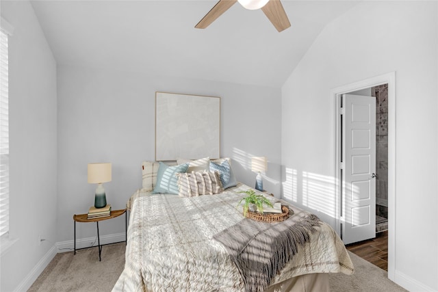 2512 Bunker Hill Dr, Burleson, TX 76028 - bedroom featuring carpet floors, lofted ceiling, baseboards, and ceiling fan