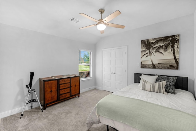 2512 Bunker Hill Dr, Burleson, TX 76028 - carpeted bedroom with baseboards, a ceiling fan, a closet, and vaulted ceiling