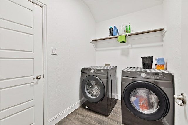 2512 Bunker Hill Dr, Burleson, TX 76028 - washroom with washing machine and dryer, baseboards, and wood finished floors