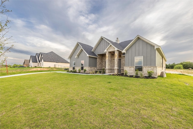 7009 Ranch View Pl, Springtown, TX 76082 - view of front of home featuring board and batten siding, a front yard, a chimney, brick siding, and a shingled roof