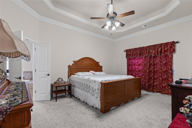 136 Spring Meadow Dr, Springtown, TX 76082 - bedroom featuring a tray ceiling, light carpet, crown molding, and a ceiling fan