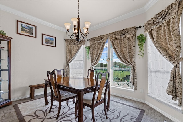 136 Spring Meadow Dr, Springtown, TX 76082 - dining room featuring crown molding, healthy amount of natural light, a chandelier, and baseboards