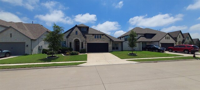 1094 Canterbury Ln, Forney, TX 75126 - french country inspired facade featuring stone siding, a front lawn, driveway, and a garage