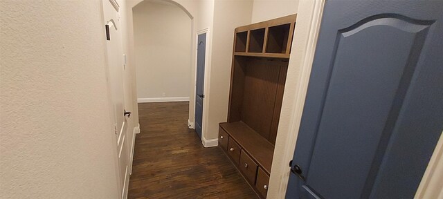 1094 Canterbury Ln, Forney, TX 75126 - mudroom featuring dark wood-style flooring, arched walkways, a textured wall, and baseboards