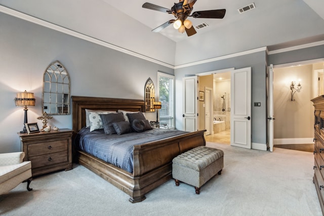 5005 Summerbrook Dr, Colleyville, TX 76034 - bedroom featuring light carpet, ensuite bath, baseboards, crown molding, and ceiling fan