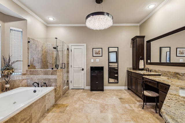 5005 Summerbrook Dr, Colleyville, TX 76034 - bathroom with a shower stall, vanity, a bath, a chandelier, and crown molding