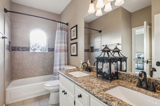 5005 Summerbrook Dr, Colleyville, TX 76034 - full bath with shower / tub combo, double vanity, toilet, tile patterned floors, and a chandelier