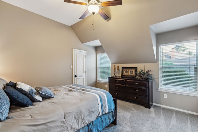 5005 Summerbrook Dr, Colleyville, TX 76034 - bedroom featuring baseboards, lofted ceiling, light colored carpet, and a ceiling fan