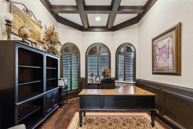 5005 Summerbrook Dr, Colleyville, TX 76034 - office area featuring coffered ceiling, dark wood-style flooring, beamed ceiling, wainscoting, and crown molding