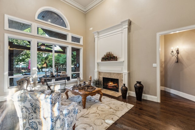 5005 Summerbrook Dr, Colleyville, TX 76034 - living room with a high end fireplace, wood finished floors, ornamental molding, a high ceiling, and baseboards