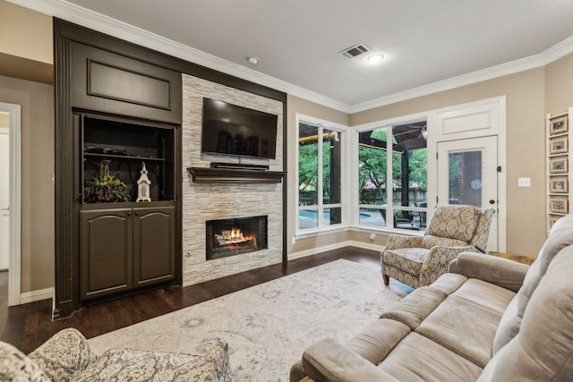 5005 Summerbrook Dr, Colleyville, TX 76034 - living room featuring dark wood finished floors, crown molding, baseboards, and a fireplace
