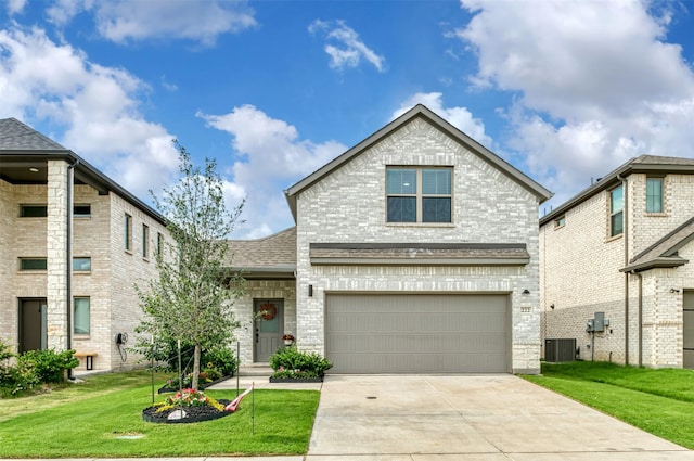 222 Goosewood Dr, Mckinney, TX 75071 - traditional-style house featuring brick siding, cooling unit, a front lawn, driveway, and an attached garage