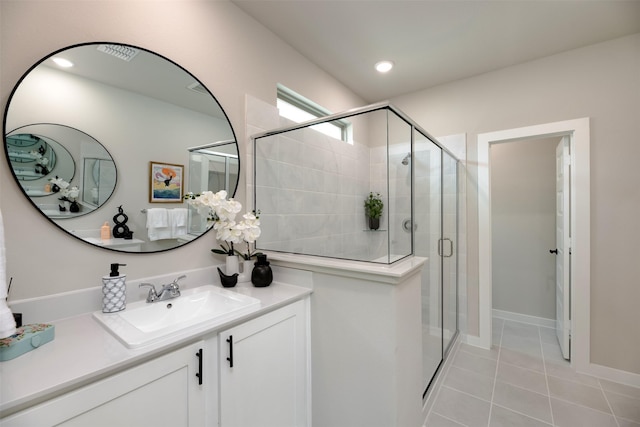 222 Goosewood Dr, Mckinney, TX 75071 - bathroom with vanity, a stall shower, and tile patterned flooring
