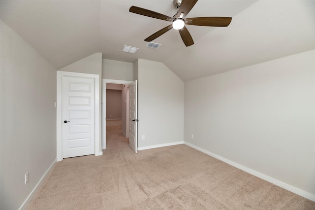 222 Goosewood Dr, Mckinney, TX 75071 - additional living space with vaulted ceiling, light colored carpet, ceiling fan, and baseboards