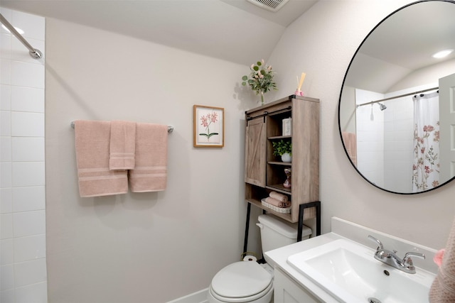 222 Goosewood Dr, Mckinney, TX 75071 - bathroom featuring vaulted ceiling, toilet, vanity, and a shower with curtain
